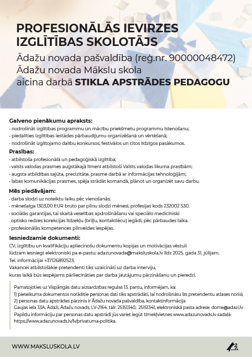 TE IR DARBS! STIKLA APSTRĀDES PEDAGOGS